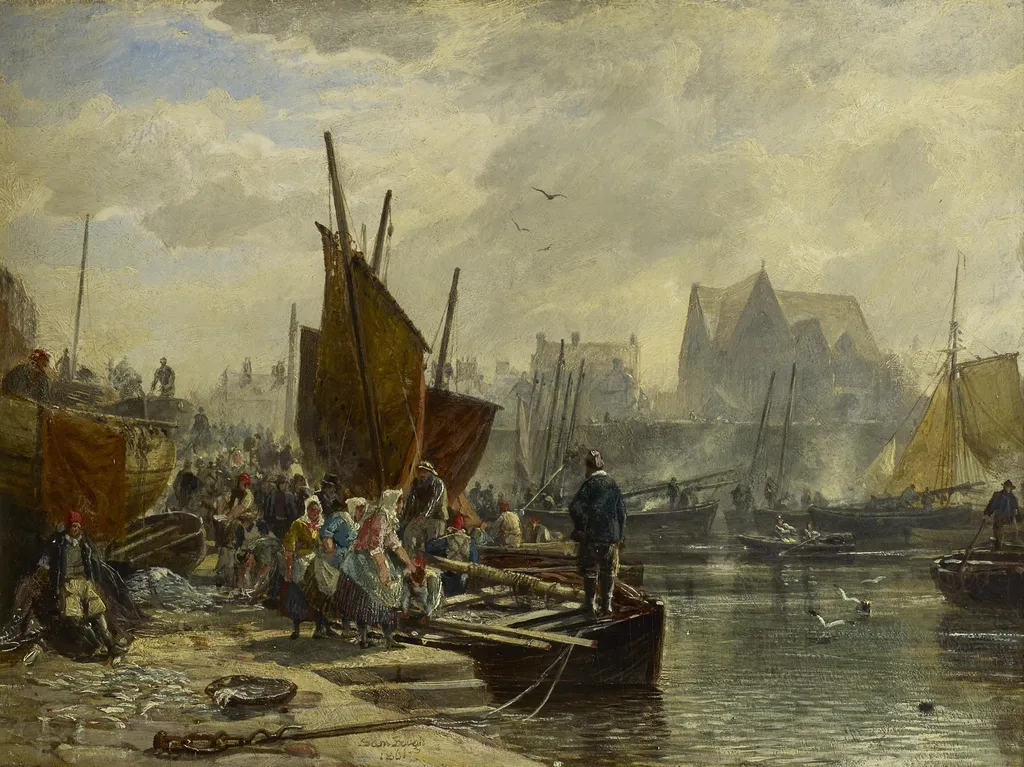Unloading the Catch, Newhaven, by Samuel Bough, oil, 1861