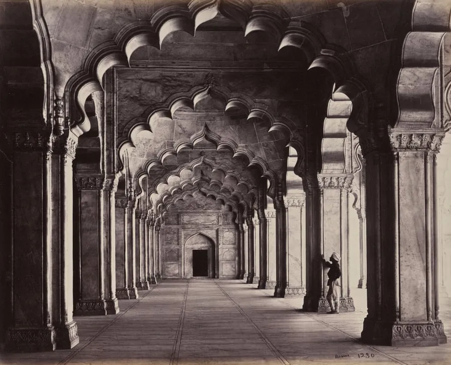 Agra. The Motee Hasjid in Pearl Mosque. View of the Entire Aisle, by Samuel Bourne, 1866
