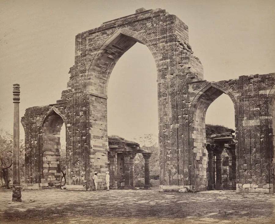 Delhi. Great Arch and Iron Pillar Near the Kootub Minar, Ruin of Old Delhi, by Samuel Bourne, 1866