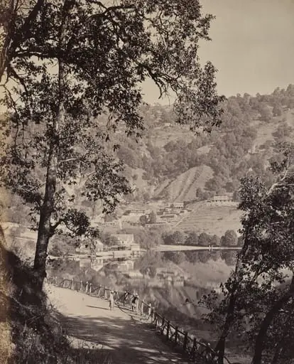 Hyree Lake. Hill Station in the Himmalayahs. View of the Taj Lake with Assembly Rooms, Lhutse, by Samuel Bourne