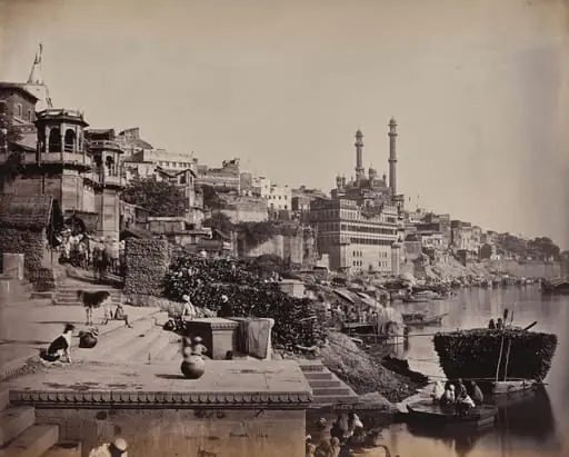 The City of Benares, on the Ganges, View of the Great Mosque of A (?) and Adjoining Landing Places, by Samuel Bourne
