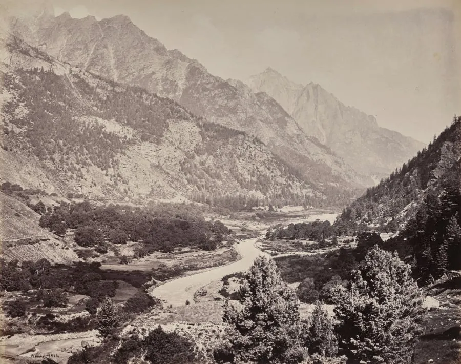 The Upper Himmalayahs. View in the Buspa Valley from Sangla, by Samuel Bourne, 1866