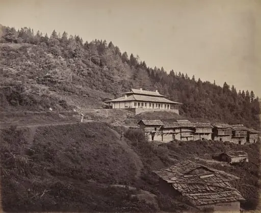 The Upper Himmalayahs. Village of Harkundu with Traveller's Bungalow in Rest-House, by Samuel Bourne