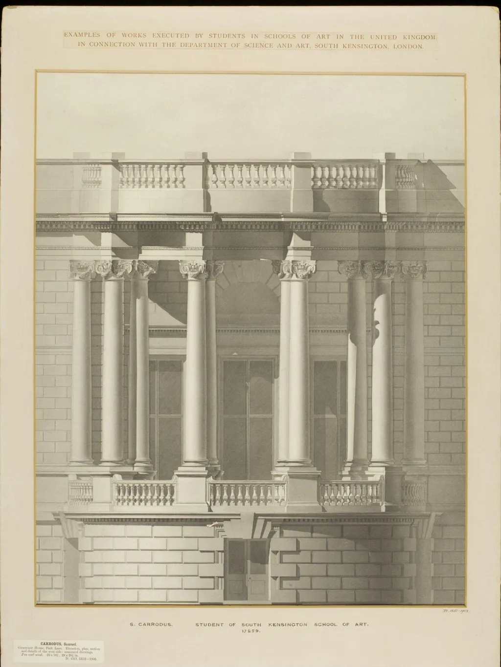 Measured elevation of the west side of Grosvenor House, by Samuel Carrodus, 1884
