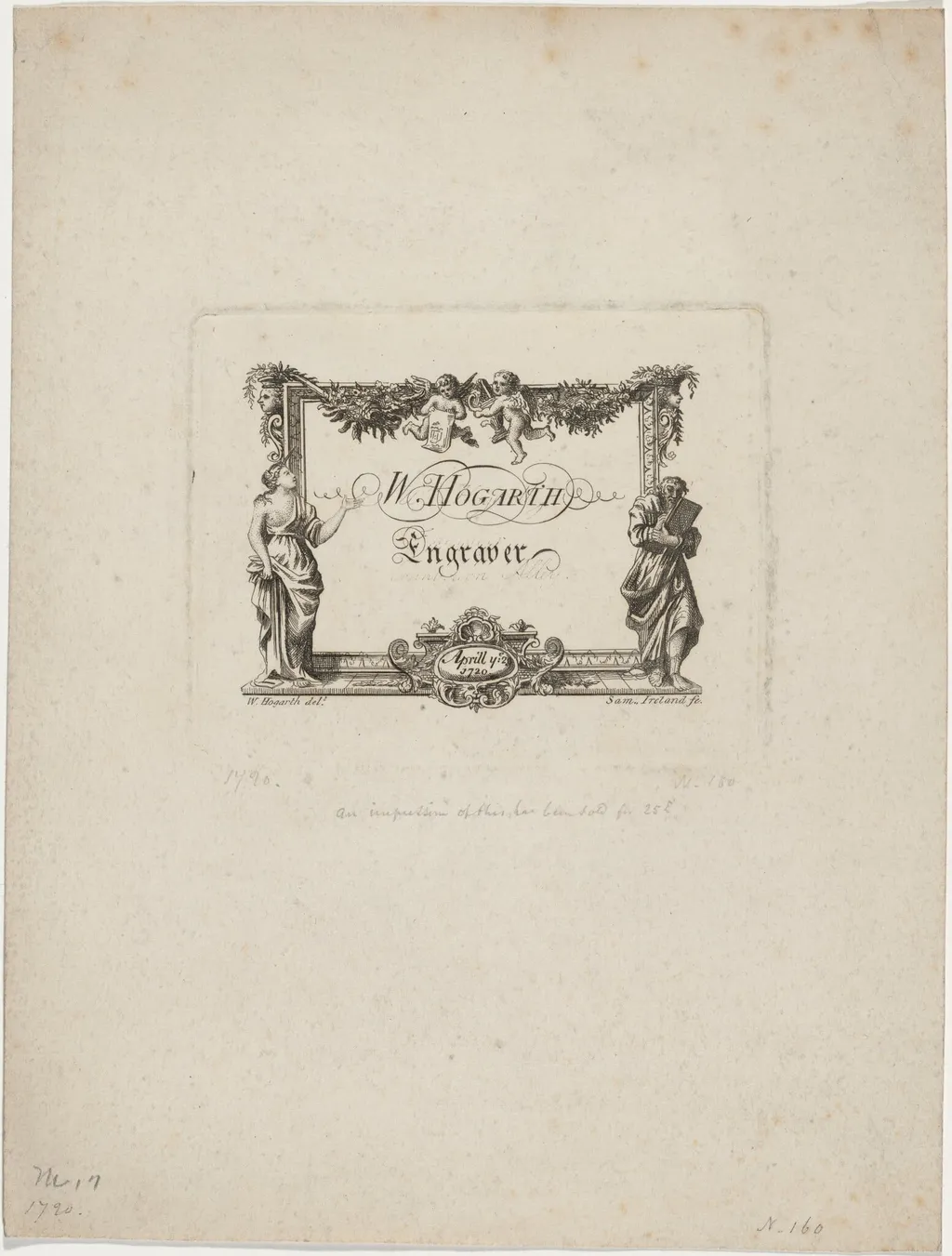 William Hogarth's Business Card, by Samuel Ireland, ink, 1760