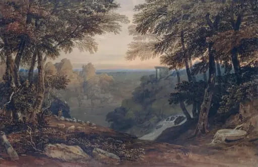 Landscape composition with waterfall and temple, by Samuel Jackson