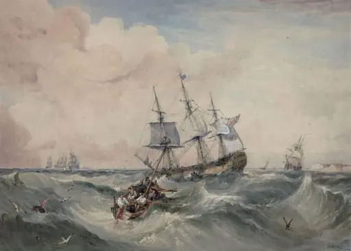 Indiaman lying-to for a pilot, by Samuel Owen