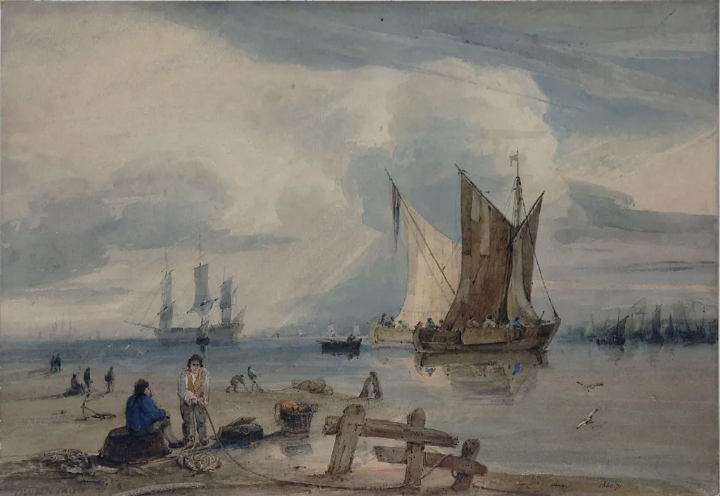 Shipping in a calm, with fishermen on the beach, by Samuel Owen, watercolor, 1800