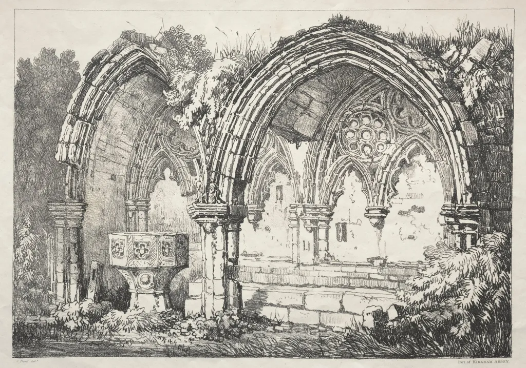 A Series of Ancient Buildings and Rural Cottages in the North of England: Part of Kirkham Abbey, by Samuel Prout, 1821