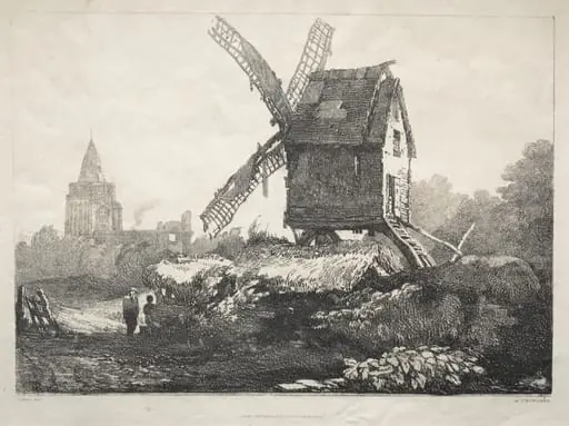 A Series of Ancient Buildings and Rural Cottages in the North of England:  At Crowland, Windmill, by Samuel Prout