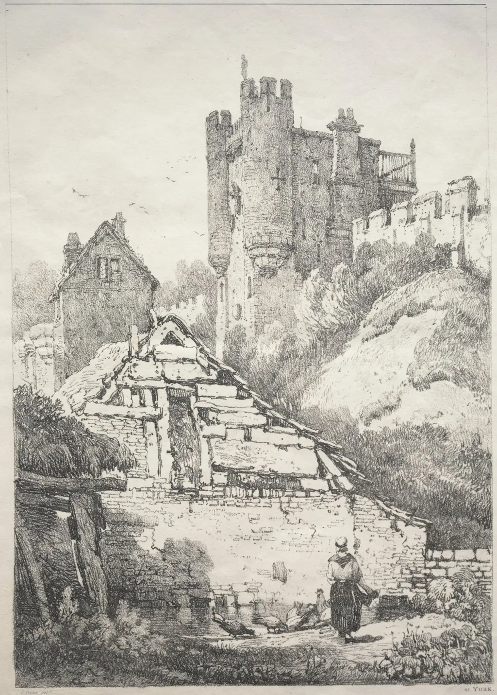 A Series of Ancient Buildings and Rural Cottages in the North of England: At York, Farmyard with Chickens, by Samuel Prout, 1821