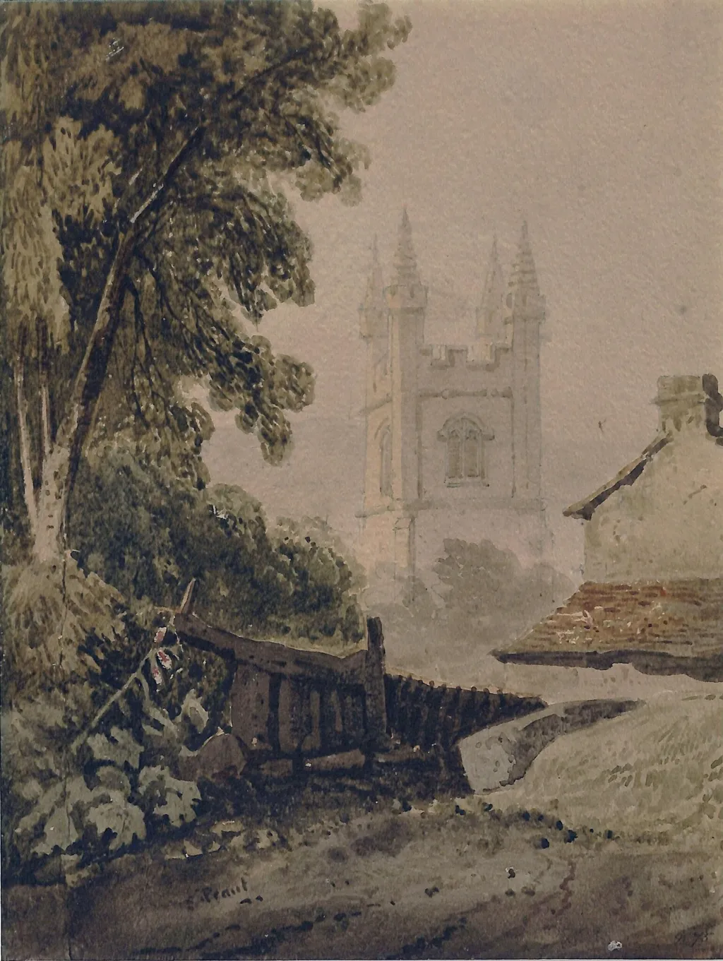 Church tower and cottage, by Samuel Prout, watercolor, 1805