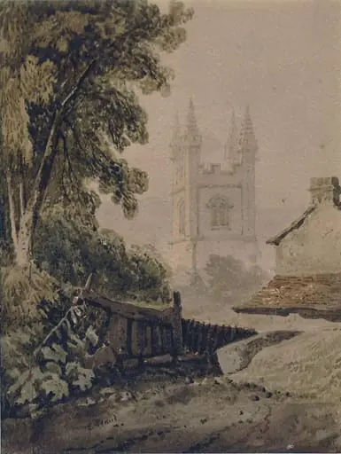 Church tower and cottage, by Samuel Prout