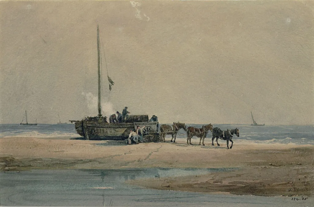 Coast scene with fishermen boiling shrimps, by Samuel Prout, watercolor, 1800