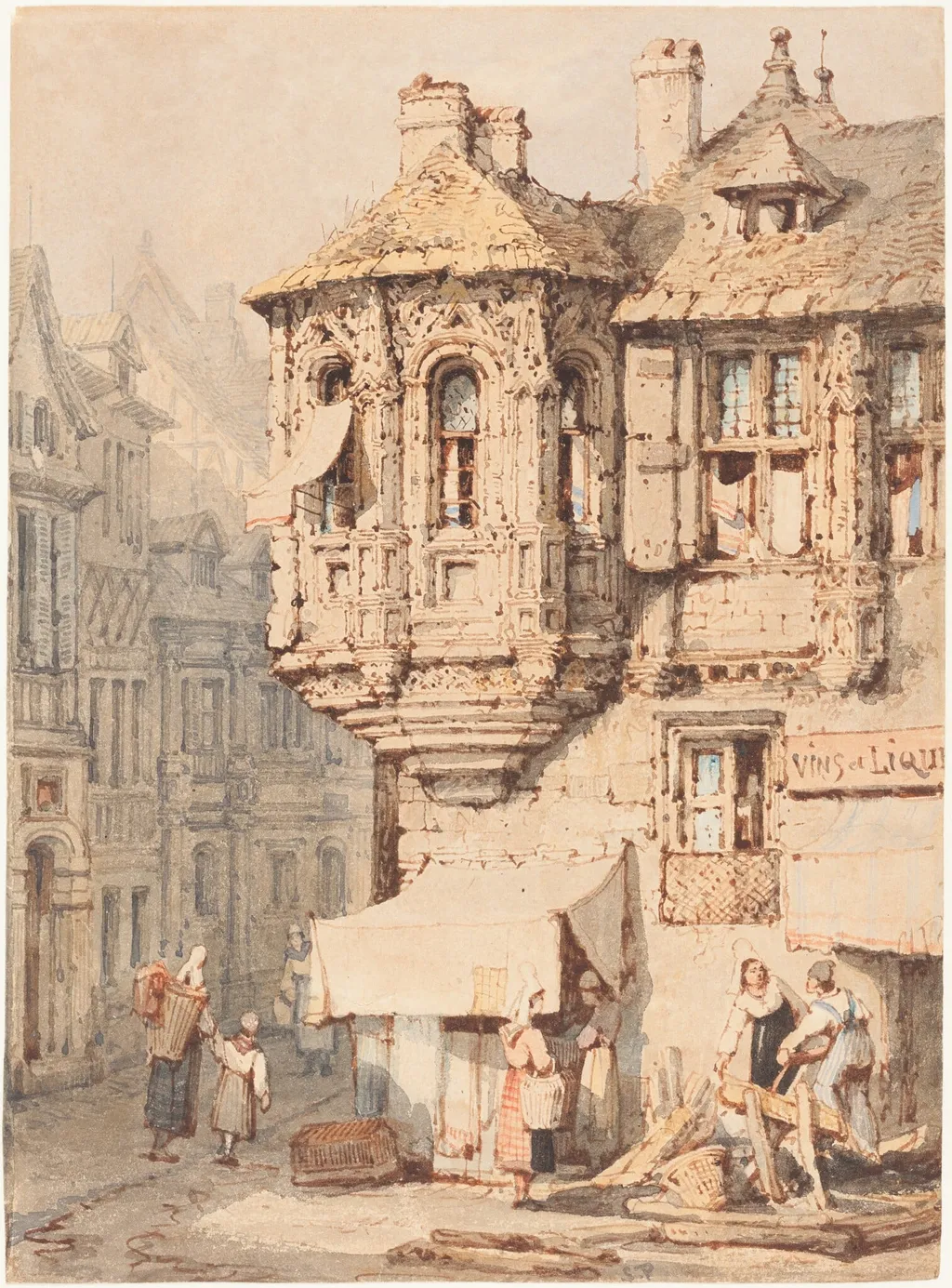 French Street Scene with a Medieval Turret, by Samuel Prout, watercolor, 1818