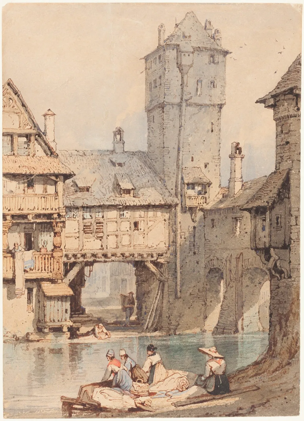 Laundresses before the Wasserturm, Nuremberg, by Samuel Prout, watercolor, 1818
