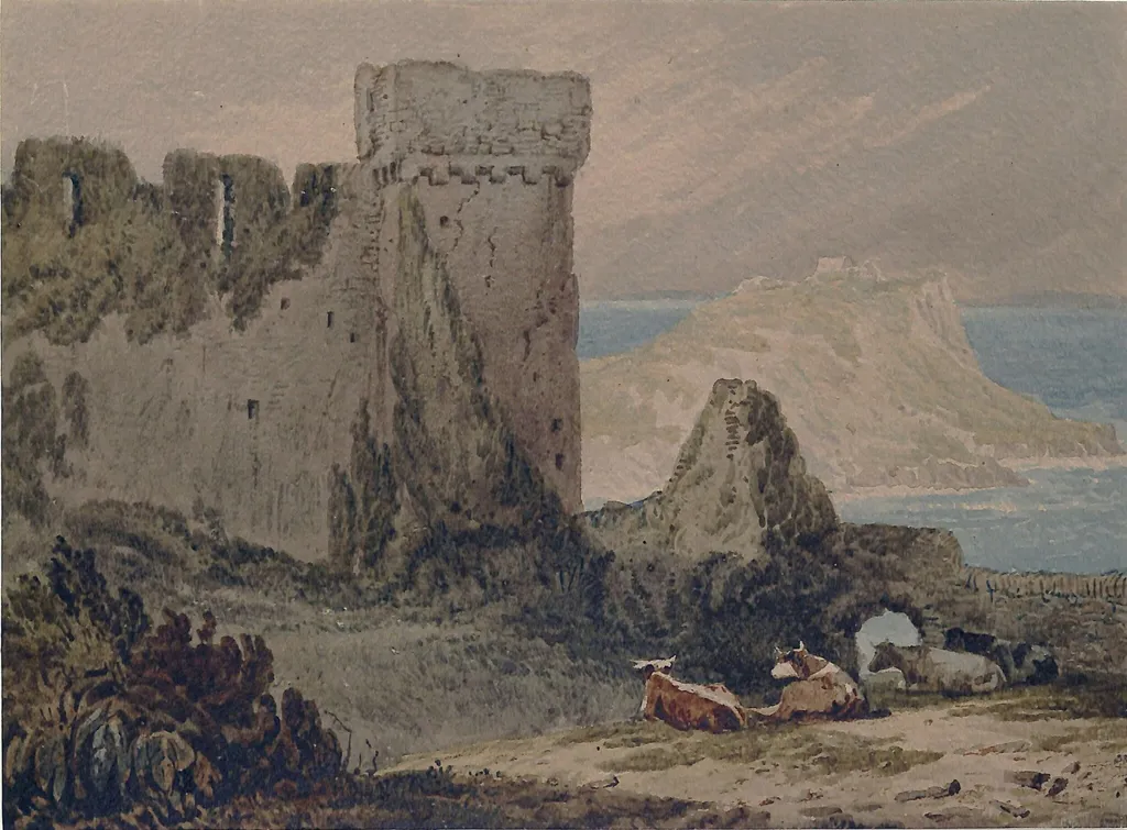 Tenby Castle, Pembrokeshire, by Samuel Prout, watercolor, 1800