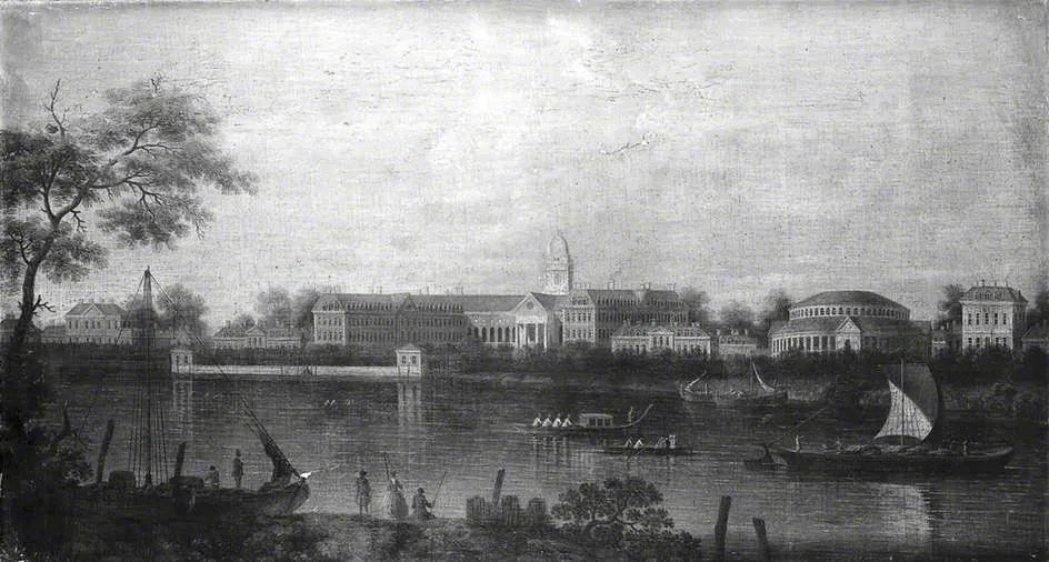 The Thames at Chelsea Hospital, by Samuel Scott, oil, 1747