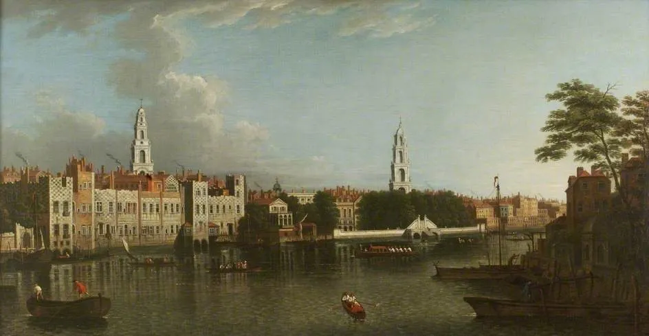The Thames at the Savoy, by Samuel Scott, oil, 1747