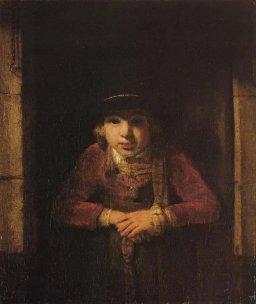 Boy Looking through the Window, by Samuel van Hoogstraten, oil, 1649