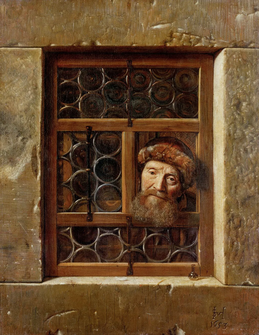 Old man in a window, by Samuel van Hoogstraten, oil, 1653
