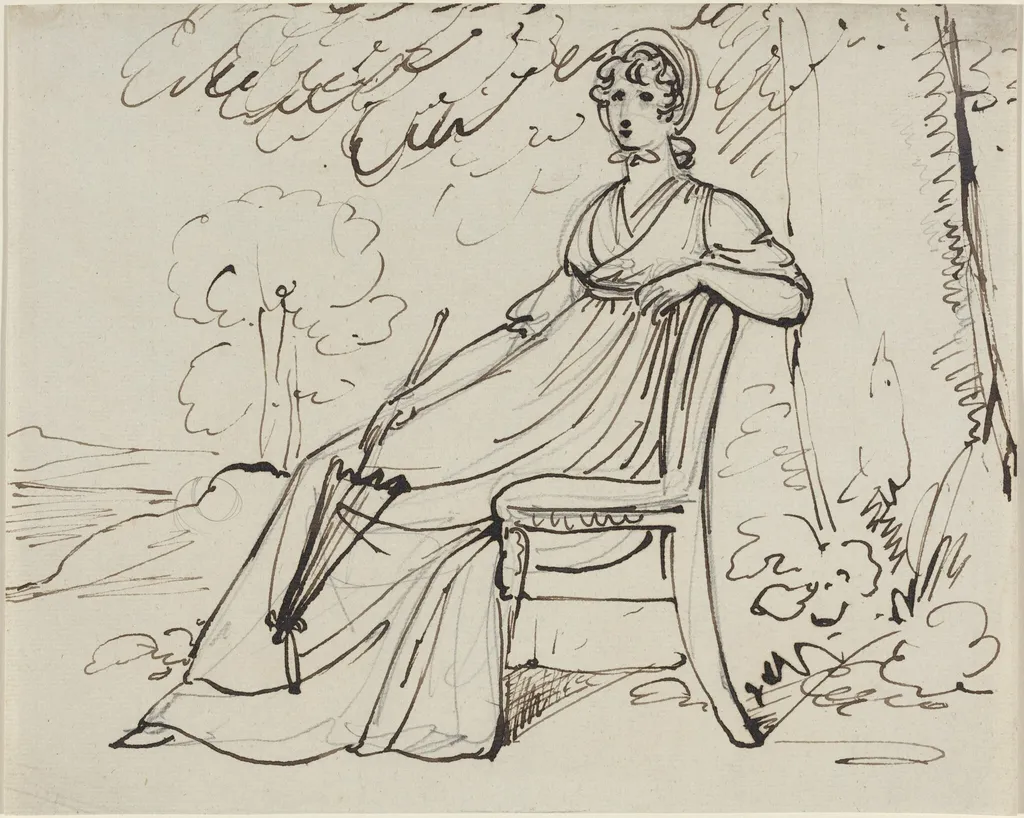 A Lady Seated with a Parasol, by Samuel Woodforde, ink