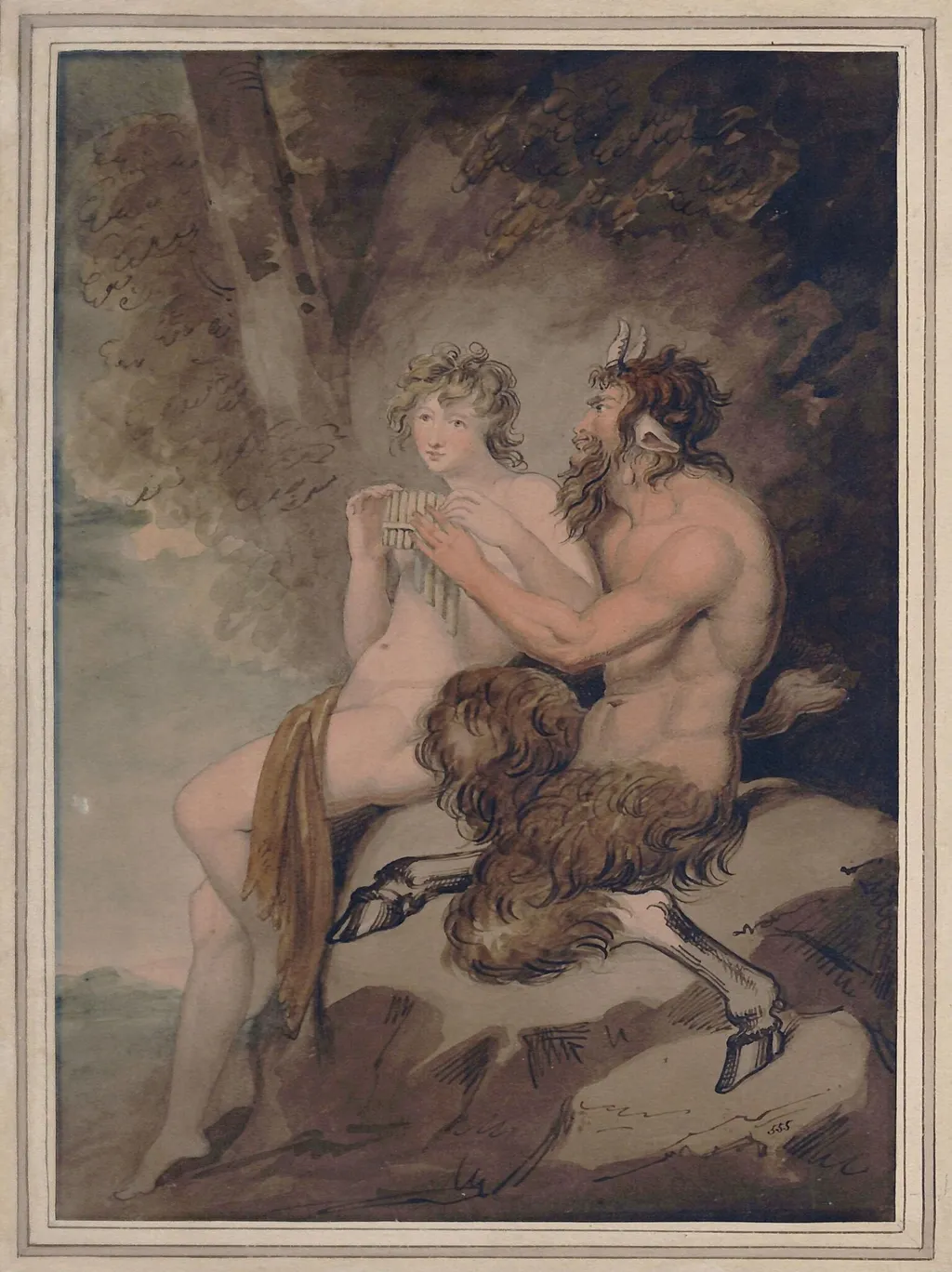 Pan teaching Apollo to play the pipes, by Samuel Woodforde, watercolor, 1790