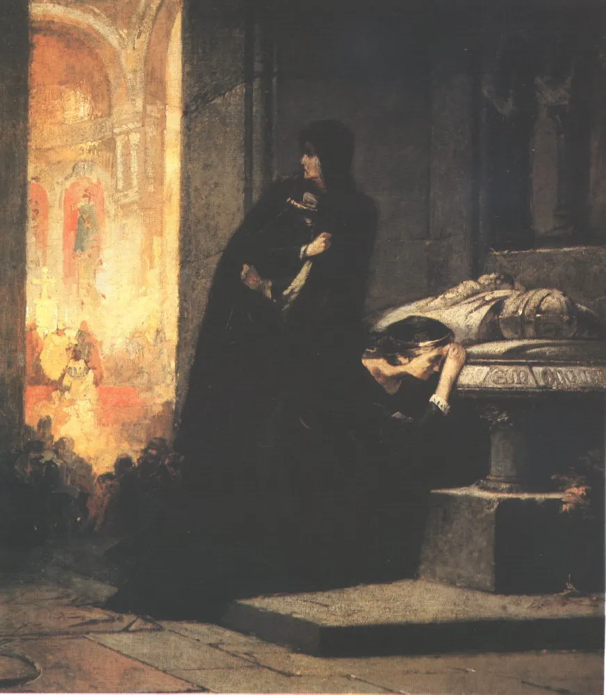 Queens Elizabeth and Mary at the Tomb of King Louis the Great of Hungary in 1385 (sketch), by Sándor Liezen-Mayer, oil, 1862