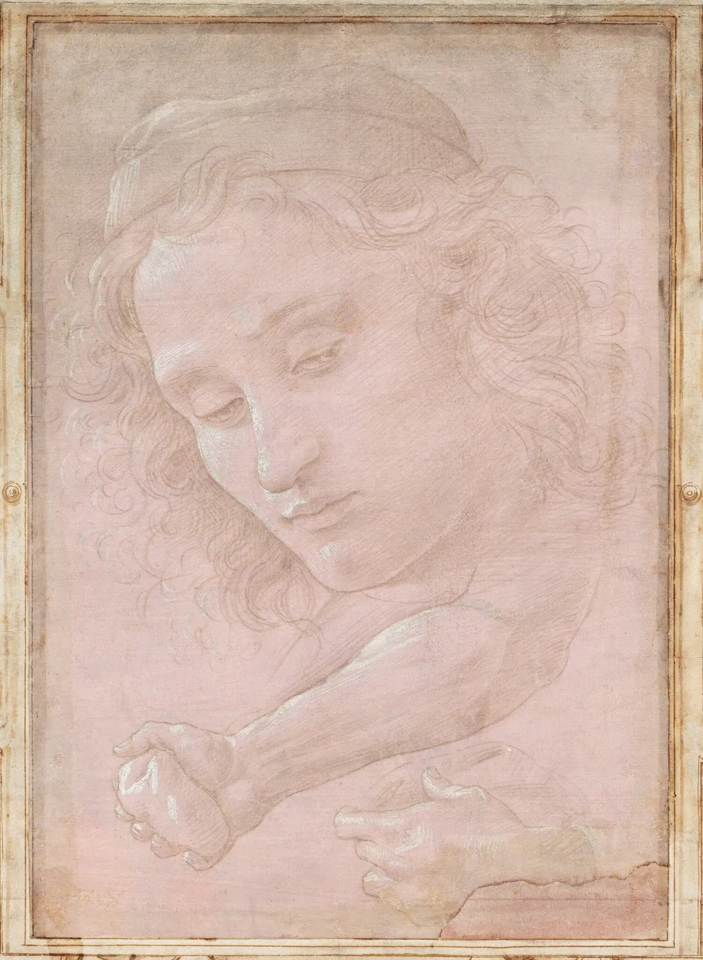 Head of a Youth Wearing a Cap; a Right Forearm with the Hand Clutching a Stone; and a Left Hand Holding a Drapery, by Sandro Botticelli, gouache, 1482