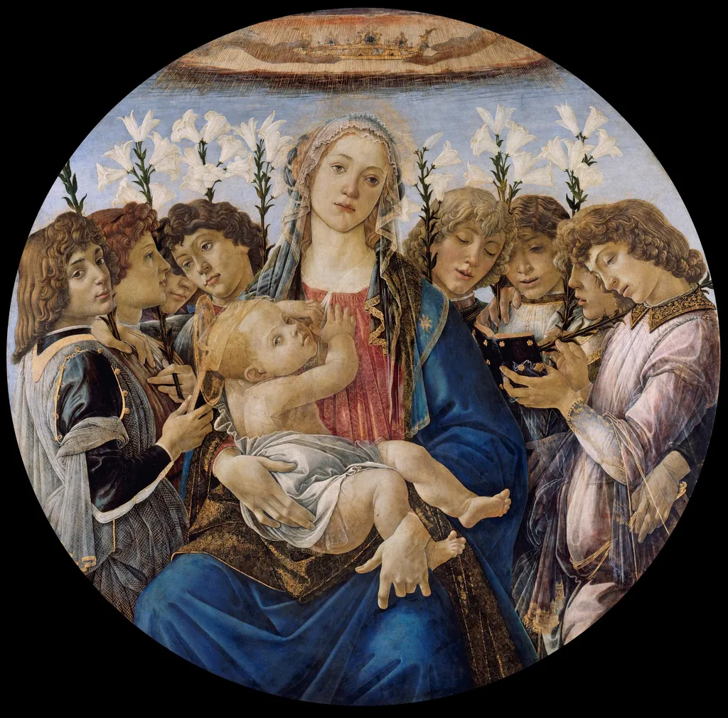 Mary with the Child and Singing Angels, by Sandro Botticelli, oil, 1490