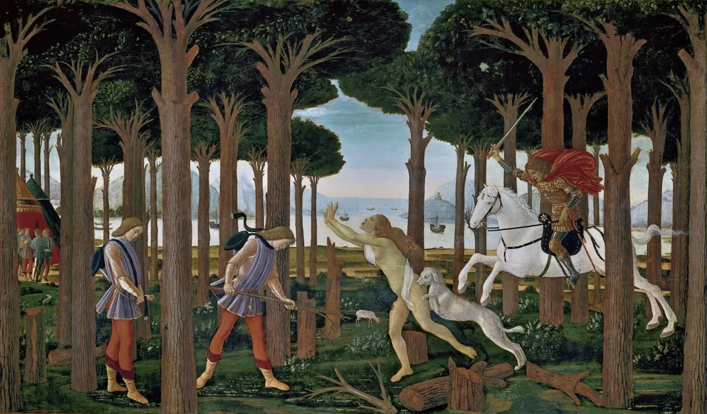 The Story of Nastagio Degli Onesti, part one, by Sandro Botticelli, tempera, 1492
