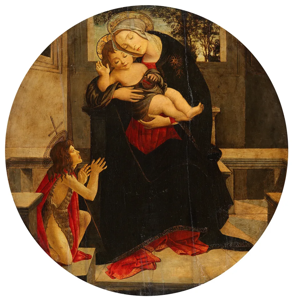 The Virgin and Child with the Young St. John (Tondo), by Sandro Botticelli, paint, 1487