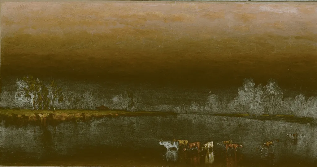 Cows in a Pond at Sunset, by Sanford Robinson Gifford, oil, 1860