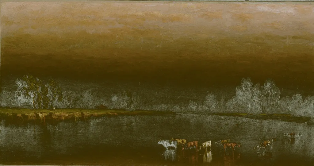 Cows in a Pond at Sunset, by Sanford Robinson Gifford, oil, 1860