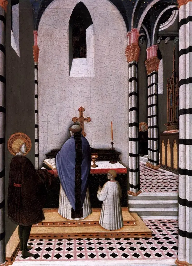 St Anthony at Mass Dedicates His Life to God, by Sano di Pietro