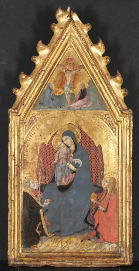 Virgin and Child Adored by Saints Mary Magdalene and Nicolas of Bari; Christ Crucified with the Virgin and Saint John the Evangelist, by Sano di Pietro, unspecified, 1404