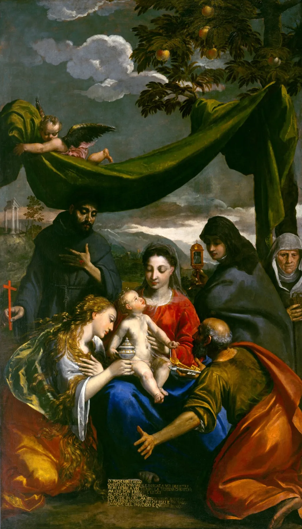Virgin and Child with Saints Mary Magdalene, Peter, Clare, Francis, and an Abbess, by Scarsellino, oil, 1595
