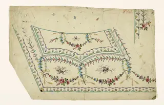 Scènes de becquées d'oiseaux dans des cartouches de fleurs et d'épis, frises de croisillons, de motifs géométriques et de fleurs stylisées, projets de broderies de gilet, XVIIIème siècle