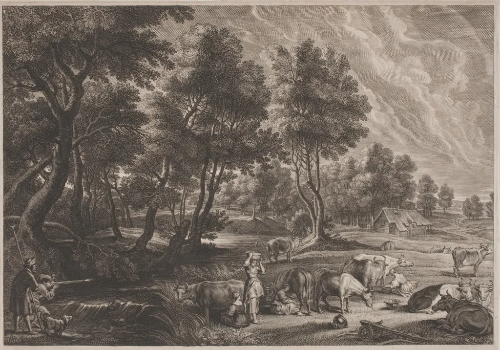 Farm Landscape with Hunters and Milkmaids, by Schelte Adams Bolswert, ink, 1622