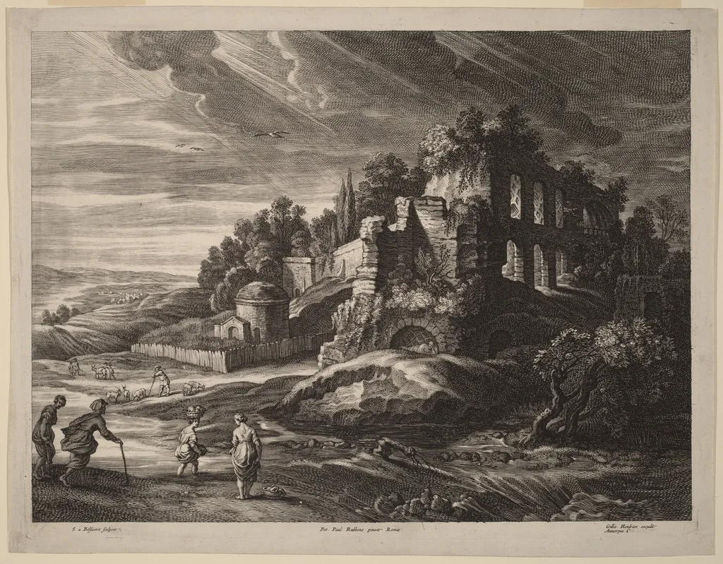Landscape with Large Roman Ruins, by Schelte Adams Bolswert, ink, 1638
