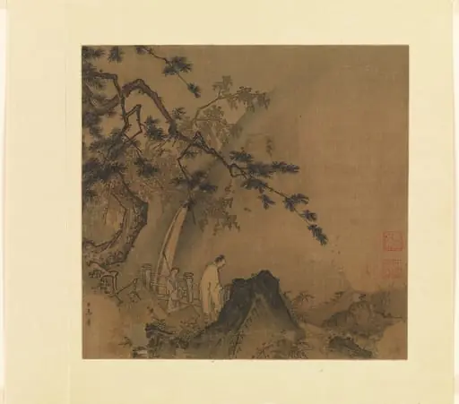 南宋 馬遠 高士觀瀑圖 冊頁 絹本|Scholar viewing a waterfall