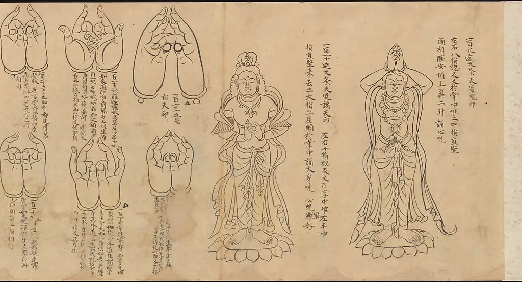 白描印相図巻|Scroll of Mudras, ink, 1092