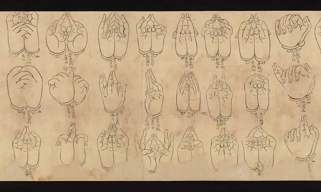 白描印相図巻|Scroll of Mudras, ink, 1092