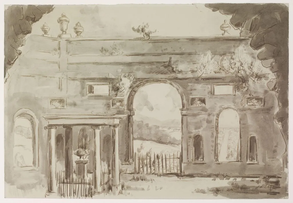 Dashwood Mausoleum West Wycombe, with road to High Wycombe, by Seabrooke, watercolor, 1940