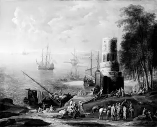 Seascape with Ships, a Forest and a Tower