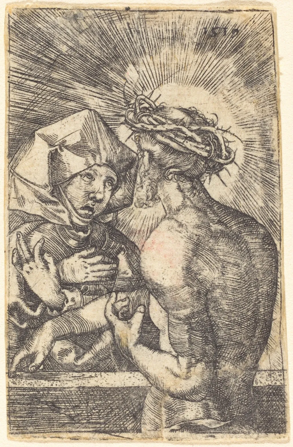 Christ Crowned with Thorns Speaking with His Mother, by Sebald Beham, ink, 1519