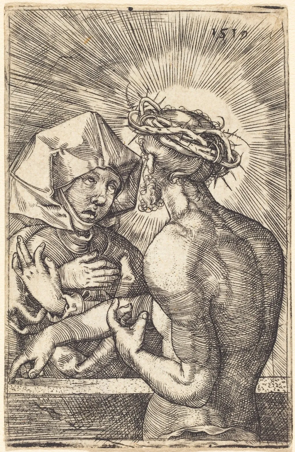 Christ Crowned with Thorns Speaking with His Mother, by Sebald Beham, ink, 1519