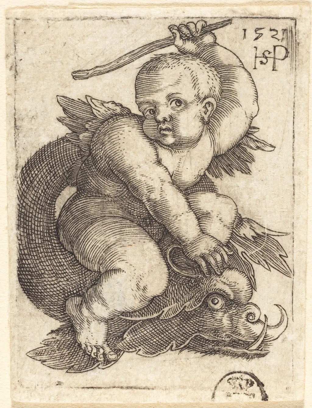 Genius on a Dolphin, Riding to the Right, by Sebald Beham, ink, 1521