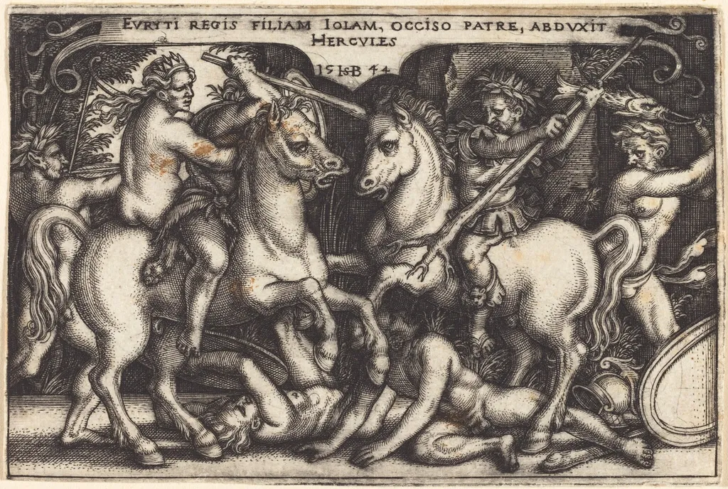 Hercules Abducting Iole, by Sebald Beham, ink, 1544