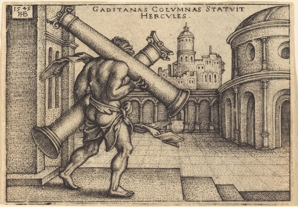 Hercules Carrying the Columns of Gades, by Sebald Beham, ink, 1545